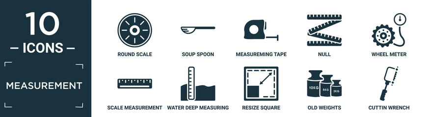 filled measurement icon set. contain flat round scale, soup spoon, measureming tape, null, wheel meter, scale measurement, water deep measuring, resize square, old weights, cuttin wrench icons in.