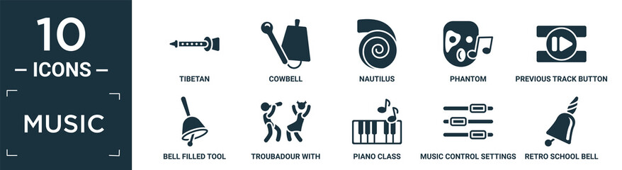 filled music icon set. contain flat tibetan, cowbell, nautilus, phantom, previous track button, bell filled tool, troubadour with kids, piano class, music control settings button, retro school bell.