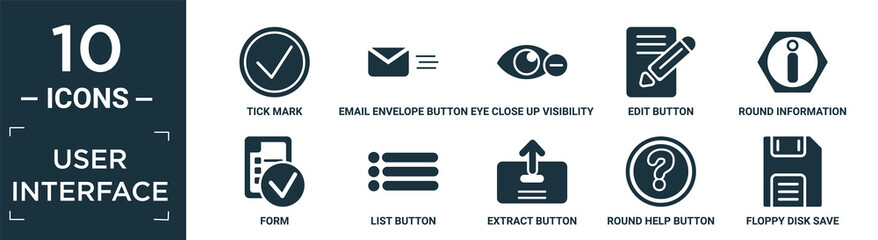 filled user interface icon set. contain flat tick mark, email envelope button, eye close up visibility button, edit button, round information form, list extract round help floppy disk save icons in.