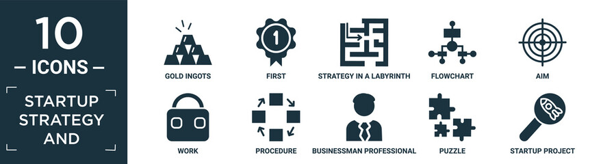 filled startup strategy and icon set. contain flat gold ingots, first, strategy in a labyrinth, flowchart, aim, work, procedure, businessman professional, puzzle, startup project search icons in.
