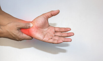 Close-up photographs showing severe wrist pain on isolated backgrounds.
