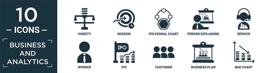 filled business and analytics icon set. contain flat variety, mission, polygonal chart, person explaining strategy, service, worker, ipo, customer, business plan, bar chart icons in editable format..