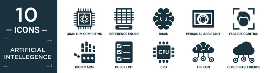 filled artificial intellegence icon set. contain flat quantum computing, difference engine, brain, personal assistant, face recognition, bionic arm, check list, cpu, ai brain, cloud intelligence.