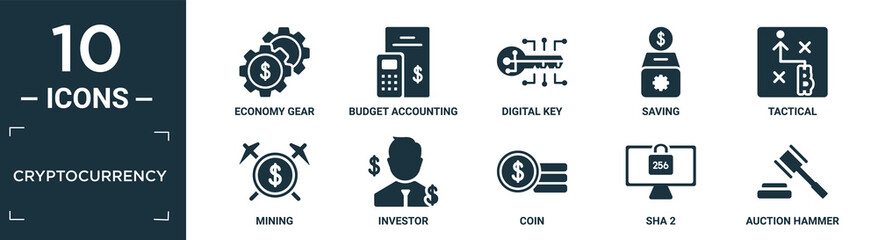 filled cryptocurrency icon set. contain flat economy gear, budget accounting, digital key, saving, tactical, mining, investor, coin, sha 2, auction hammer icons in editable format..