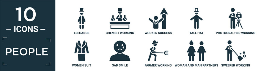 filled people icon set. contain flat elegance, chemist working, worker success, tall hat, photographer working, women suit, sad smile, farmer working, woman and man partners, sweeper icons in.