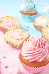 decor for a party to recognize the gender of the unborn child. muffins with blue and pink filling