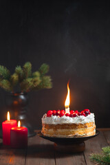 Celebration table festive cake with sparkler on the dark background with cranberries homemade bakery