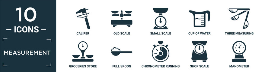 filled measurement icon set. contain flat caliper, old scale, small scale, cup of water, three measuring spoons, groceries store scale, full spoon, chronometer running, shop manometer icons in.