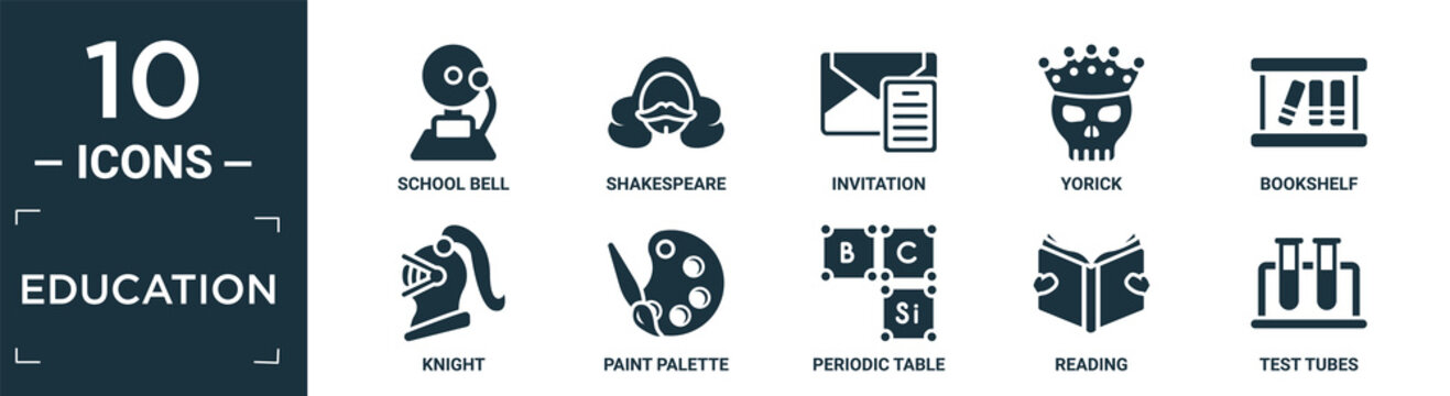 filled education icon set. contain flat school bell, shakespeare, invitation, yorick, bookshelf, knight, paint palette, periodic table, reading, test tubes icons in editable format..