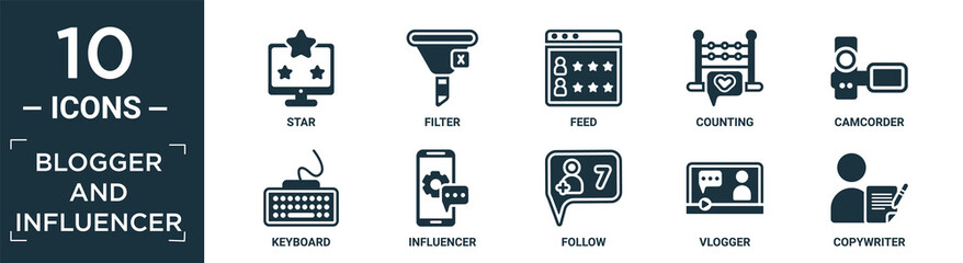 filled blogger and influencer icon set. contain flat star, filter, feed, counting, camcorder, keyboard, influencer, follow, vlogger, copywriter icons in editable format..