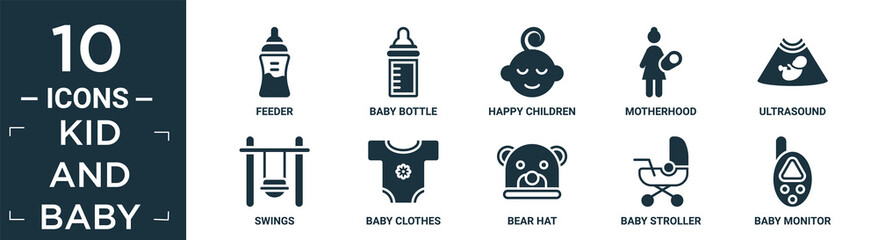 filled kid and baby icon set. contain flat feeder, baby bottle, happy children, motherhood, ultrasound, swings, baby clothes, bear hat, baby stroller, monitor icons in editable format..