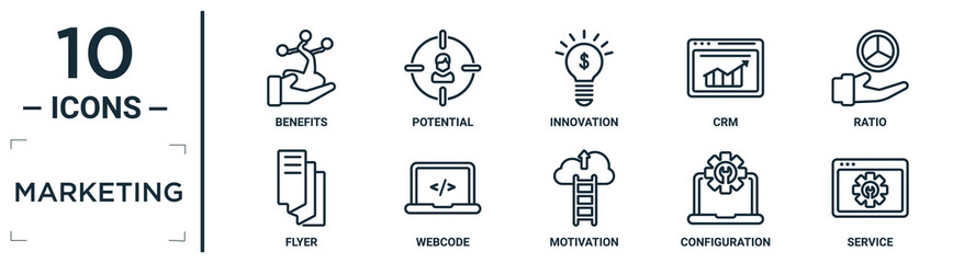 Obraz premium marketing linear icon set. includes thin line benefits, innovation, ratio, webcode, configuration, service, flyer icons for report, presentation, diagram, web design