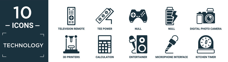 filled technology icon set. contain flat television remote control, tee power, null, null, digital photo camera, 3d printers, calculation, entertainer, microphone interface, kitchen timer icons in.