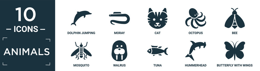 filled animals icon set. contain flat dolphin jumping, moray, cat, octopus, bee, mosquito, walrus, tuna, hummerhead, butterfly with wings icons in editable format..