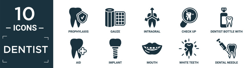 filled dentist icon set. contain flat prophylaxis, gauze, intraoral, check up, dentist bottle with liquid, aid, implant, mouth, white teeth, dental needle icons in editable format..