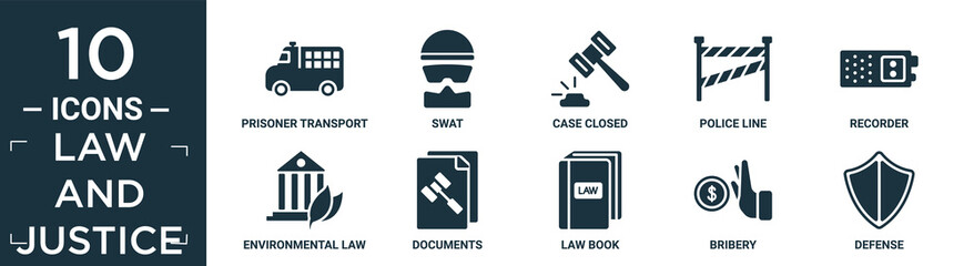 filled law and justice icon set. contain flat prisoner transport vehicle, swat, case closed, police line, recorder, environmental law, documents, law book, bribery, defense icons in editable format..