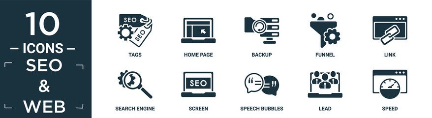 filled seo & web icon set. contain flat tags, home page, backup, funnel, link, search engine, screen, speech bubbles, lead, speed icons in editable format..