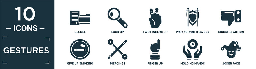 filled gestures icon set. contain flat decree, look up, two fingers up, warrior with sword and shield, dissatisfaction, give up smoking, piercings, finger holding hands, joker face icons in editable.
