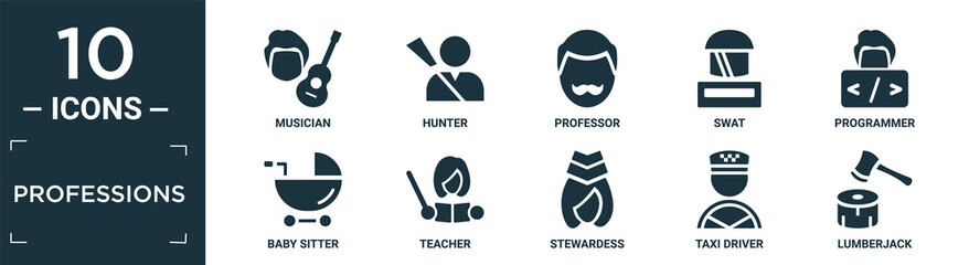 filled professions icon set. contain flat musician, hunter, professor, swat, programmer, baby sitter, teacher, stewardess, taxi driver, lumberjack icons in editable format..