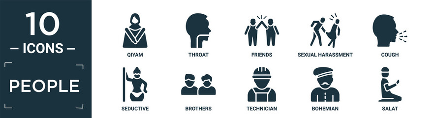 filled people icon set. contain flat qiyam, throat, friends, sexual harassment, cough, seductive, brothers, technician, bohemian, salat icons in editable format..