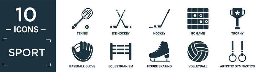 filled sport icon set. contain flat tennis, ice hockey, hockey, go game, trophy, baseball glove, equestrianism, figure skating, volleyball, artistic gymnastics icons in editable format..