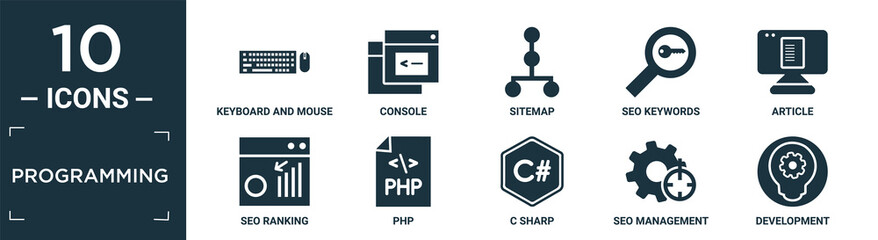 filled programming icon set. contain flat keyboard and mouse, console, sitemap, seo keywords, article, seo ranking, php, c sharp, seo management, development icons in editable format..