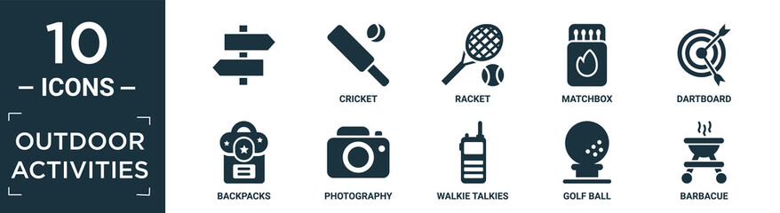 filled outdoor activities icon set. contain flat , cricket, racket, matchbox, dartboard, backpacks, photography, walkie talkies, golf ball, barbacue icons in editable format..