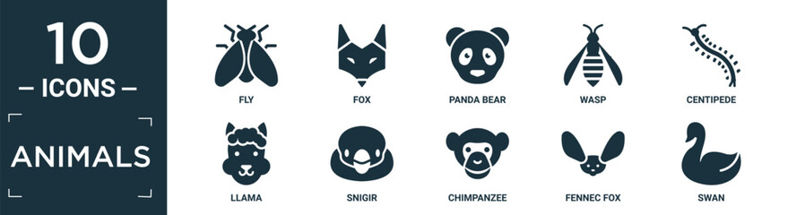 filled animals icon set. contain flat fly, fox, panda bear, wasp, centipede, llama, snigir, chimpanzee, fennec fox, swan icons in editable format..