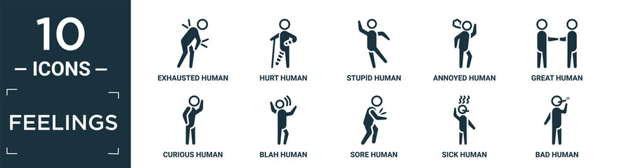 filled feelings icon set. contain flat exhausted human, hurt human, stupid human, annoyed great curious blah sore sick bad icons in editable format..