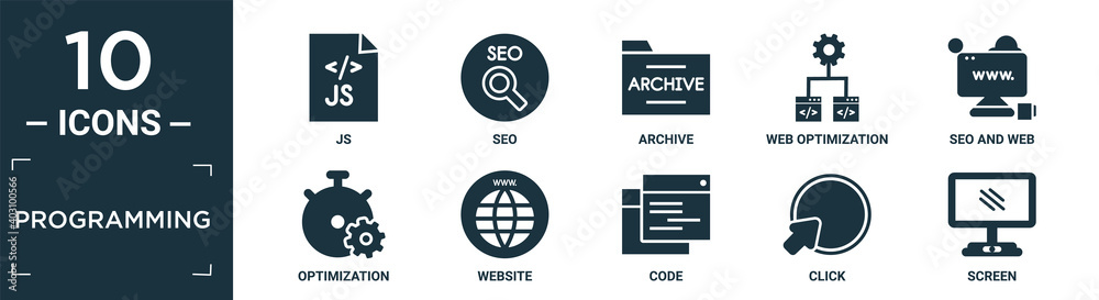 Poster filled programming icon set. contain flat js, seo, archive, web optimization, seo and web, optimizat