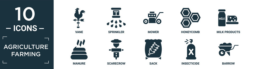 filled agriculture farming icon set. contain flat vane, sprinkler, mower, honeycomb, milk products, manure, scarecrow, sack, insecticide, barrow icons in editable format..