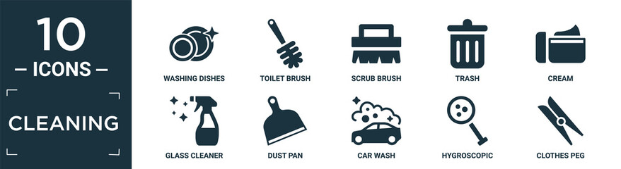 filled cleaning icon set. contain flat washing dishes, toilet brush, scrub brush, trash, cream, glass cleaner, dust pan, car wash, hygroscopic, clothes peg icons in editable format.. - obrazy, fototapety, plakaty