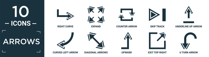 filled arrows icon set. contain flat right curve, expand, counter arrow, skip track, underline up arrow, curved left arrow, diagonal arrows, upward, exit top right, u turn icons in editable format..