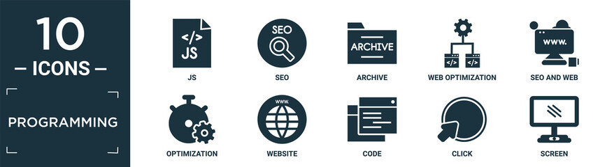 Obraz premium filled programming icon set. contain flat js, seo, archive, web optimization, seo and web, optimization, website, code, click, screen icons in editable format..