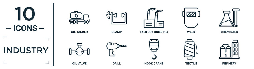 industry linear icon set. includes thin line oil tanker, factory building, chemicals, drill, textile, refinery, oil valve icons for report, presentation, diagram, web design