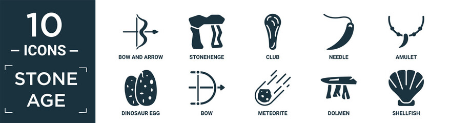 filled stone age icon set. contain flat bow and arrow, stonehenge, club, needle, amulet, dinosaur egg, bow, meteorite, dolmen, shellfish icons in editable format..