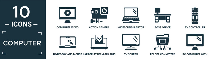 filled computer icon set. contain flat computer video, action camera, widescreen laptop, boss office, tv controller, notebook and mouse cursor, laptop stream graphic, tv screen, folder connected.