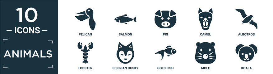 filled animals icon set. contain flat pelican, salmon, pig, camel, albotros, lobster, siberian husky, gold fish, mole, koala icons in editable format..