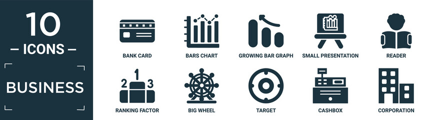 filled business icon set. contain flat bank card, bars chart, growing bar graph, small presentation board, reader, ranking factor, big wheel, target, cashbox, corporation icons in editable format..