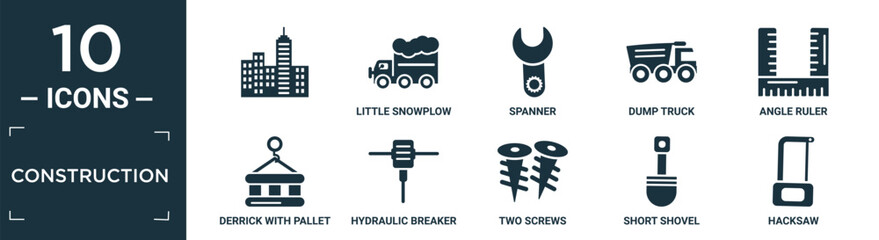 filled construction icon set. contain flat , little snowplow, spanner, dump truck, angle ruler, derrick with pallet, hydraulic breaker, two screws, short shovel, hacksaw icons in editable format.. © Digital Bazaar