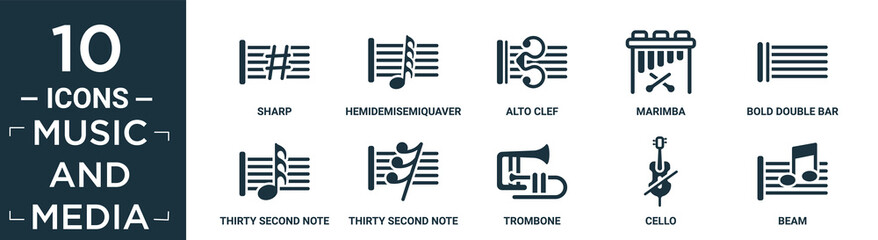 filled music and media icon set. contain flat sharp, hemidemisemiquaver, alto clef, marimba, bold double bar line, thirty second note, thirty second note rest, trombone, cello, beam icons in. © Digital Bazaar