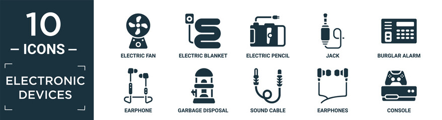 filled electronic devices icon set. contain flat electric fan, electric blanket, electric pencil sharpener, jack, burglar alarm, earphone, garbage disposal, sound cable, earphones, console icons in.