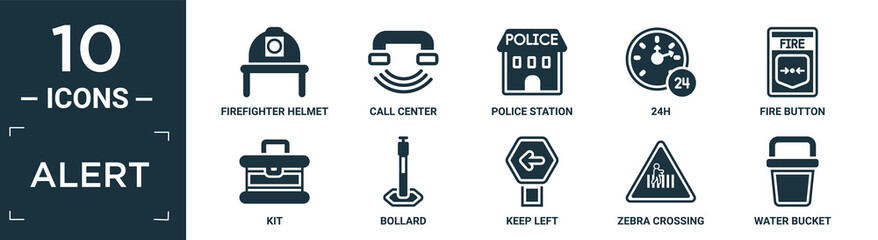 filled alert icon set. contain flat firefighter helmet, call center, police station, 24h, fire button, kit, bollard, keep left, zebra crossing, water bucket icons in editable format..