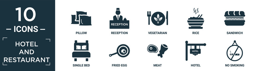 filled hotel and restaurant icon set. contain flat pillow, reception, vegetarian, rice, sandwich, single bed, fried egg, meat, hotel, no smoking icons in editable format..