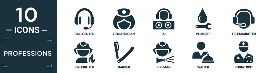 filled professions icon set. contain flat callcenter, pediatrician, dj, plumber, telemarketer, firefighter, barber, fireman, waiter, podiatrist icons in editable format..