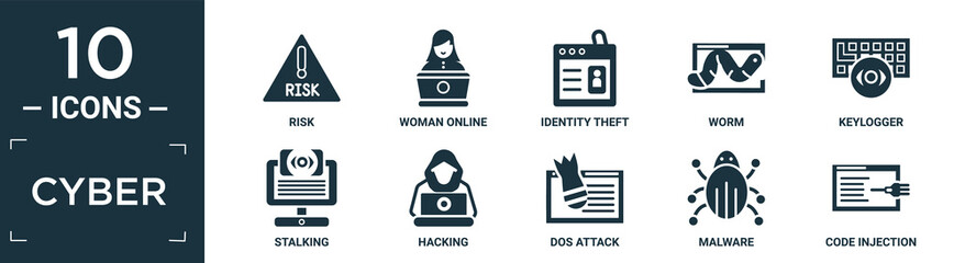 filled cyber icon set. contain flat risk, woman online, identity theft, worm, keylogger, stalking, hacking, dos attack, malware, code injection icons in editable format..