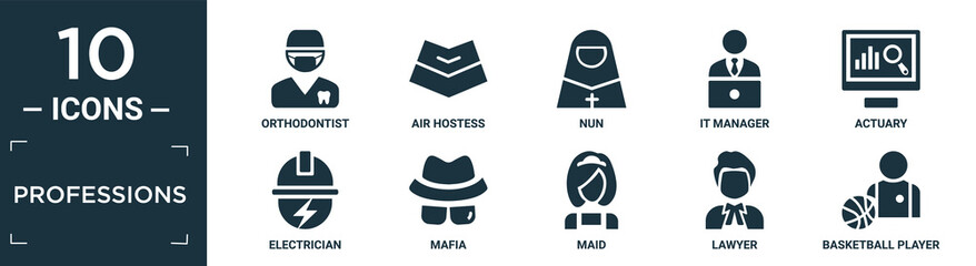 filled professions icon set. contain flat orthodontist, air hostess, nun, it manager, actuary, electrician, mafia, maid, lawyer, basketball player icons in editable format..