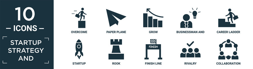 filled startup strategy and icon set. contain flat overcome, paper plane, grow, businessman and strategy, career ladder, startup, rook, finish line, rivalry, collaboration icons in editable format..