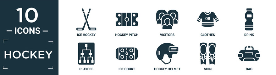 filled hockey icon set. contain flat ice hockey, hockey pitch, visitors, clothes, drink, playoff, ice court, helmet, shin, bag icons in editable format..