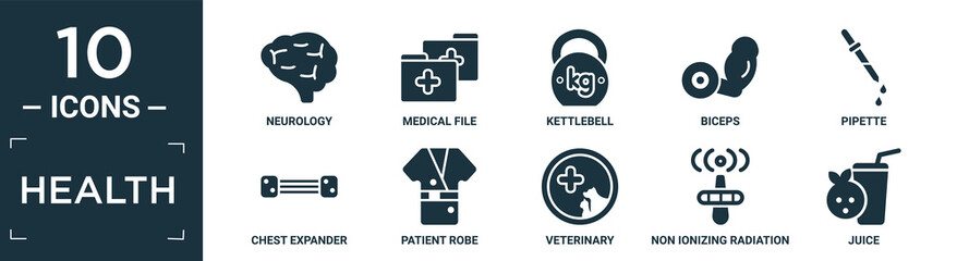 filled health icon set. contain flat neurology, medical file, kettlebell, biceps, pipette, chest expander, patient robe, veterinary, non ionizing radiation, juice icons in editable format..